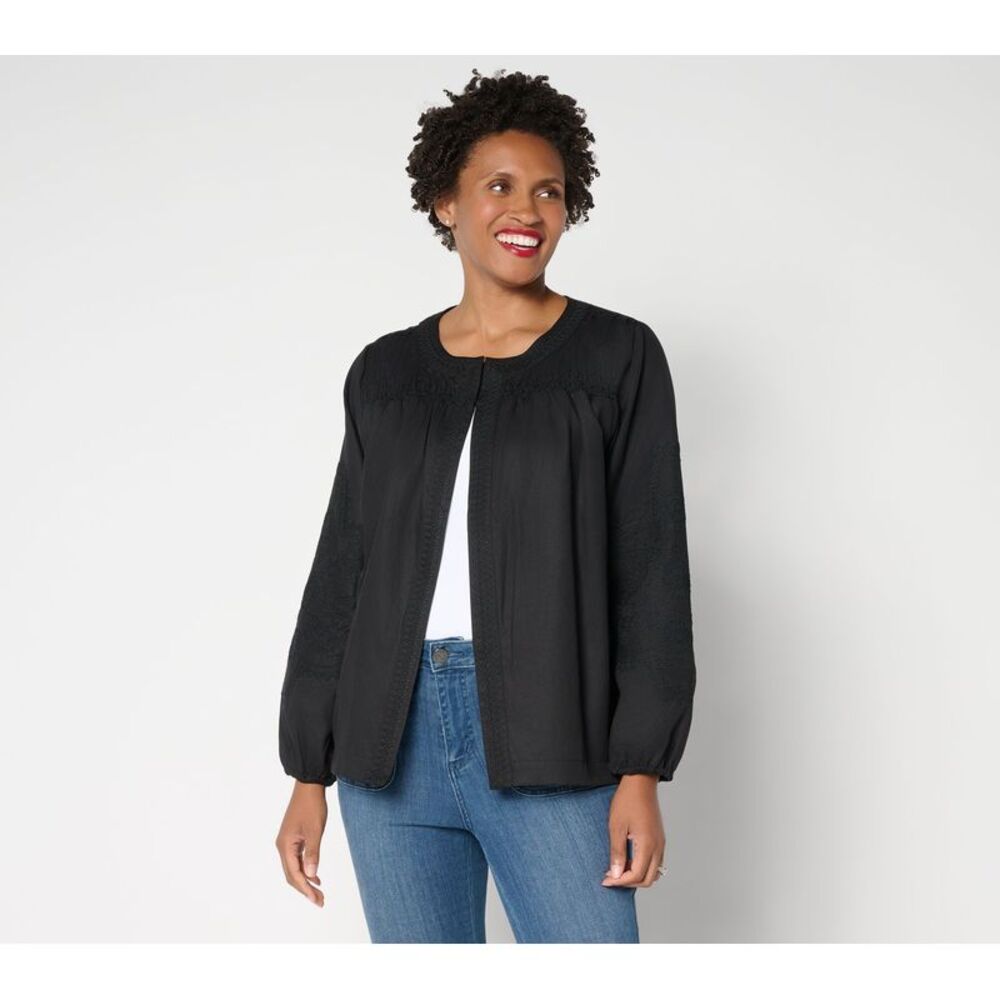 Susan Graver Women's Jacket Sz M Weekend Washed Twill Embroidered Black A696221